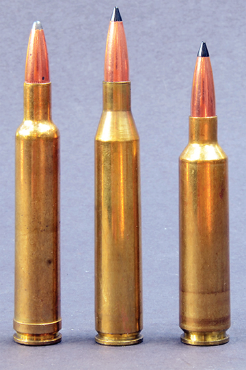 Water capacity of the Lapua 6mm-284 case (right) is about two grains more than for the 240 Weatherby Magnum (left) and about one grain less than for the 6mm-06 (center).